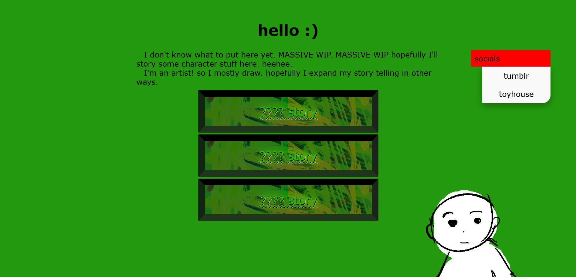 Screenshot of a index page, it has a green background, black centered text, 3 navigation boxes, each with text saying '???? story', and other social media links.