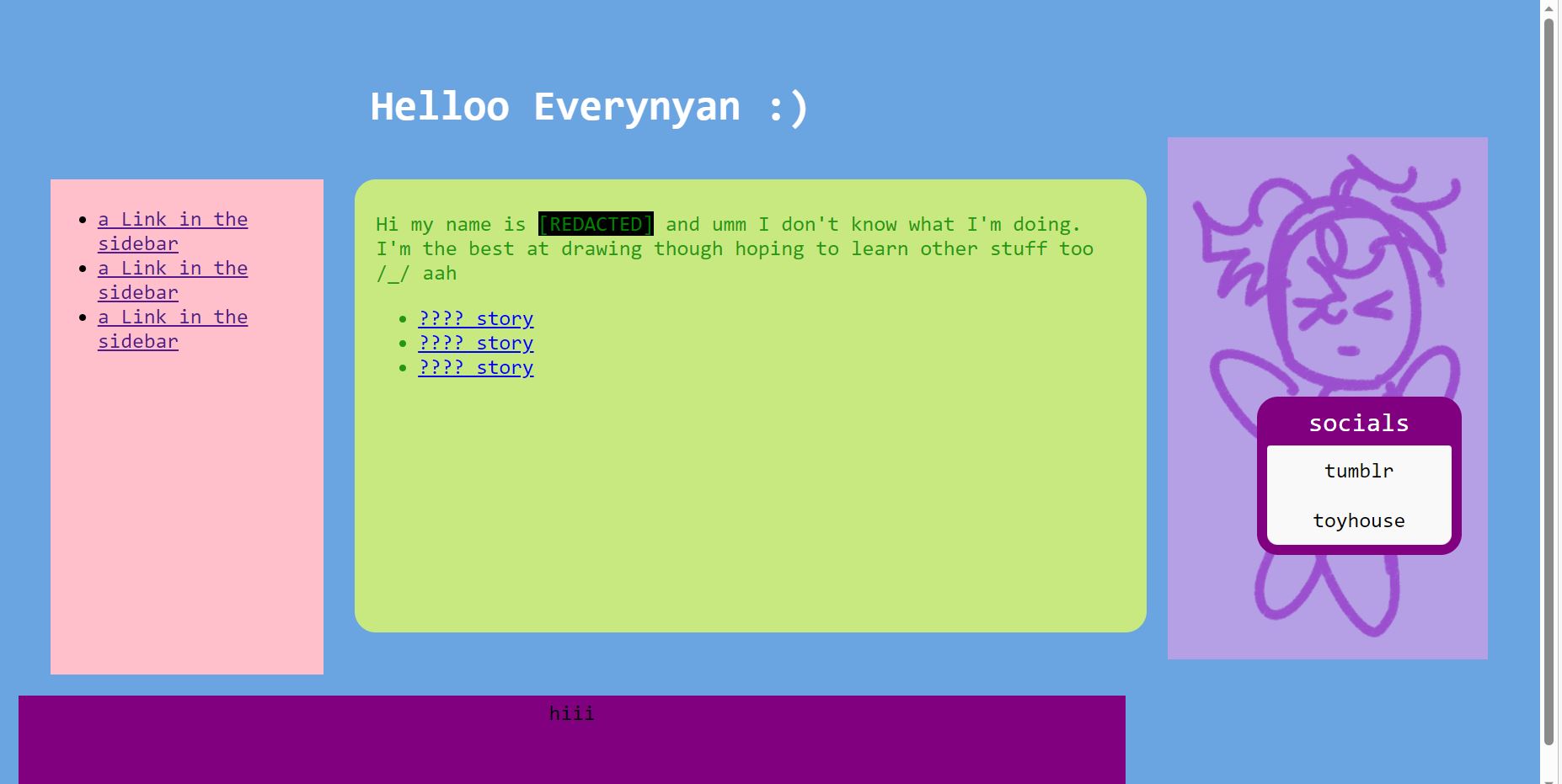 A home page for a website, with a overall blue background, header text at the top that says Hello Everynyan :), a pink sidebar with links, a rounded green content box and footer.